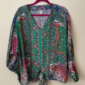Green and Pink Patterned Blouse